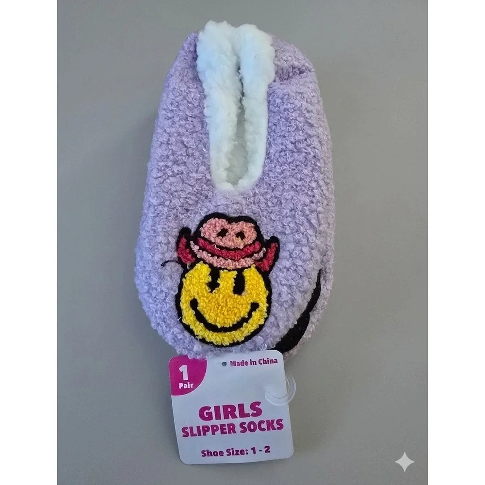 Girls Purple Slipper Sock Style, Embroidered Smiley, Slip-On, Size 1-2